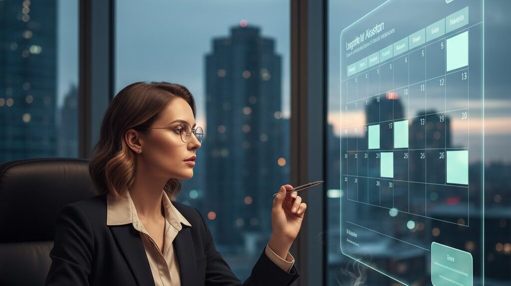 未来的なオフィスでのスケジュール管理する秘書