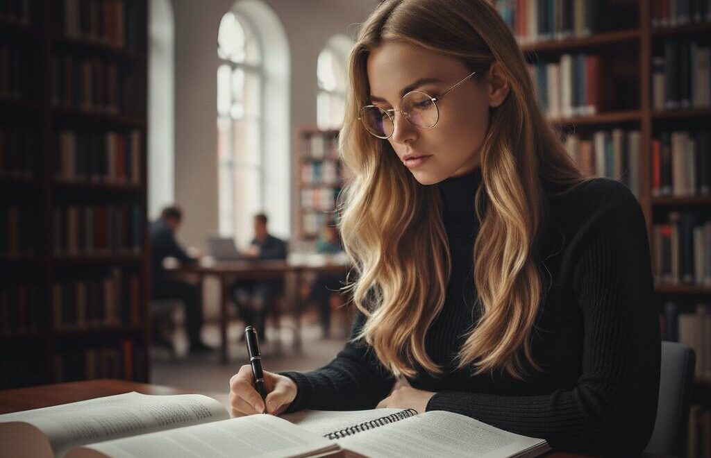 図書館で勉強する女性