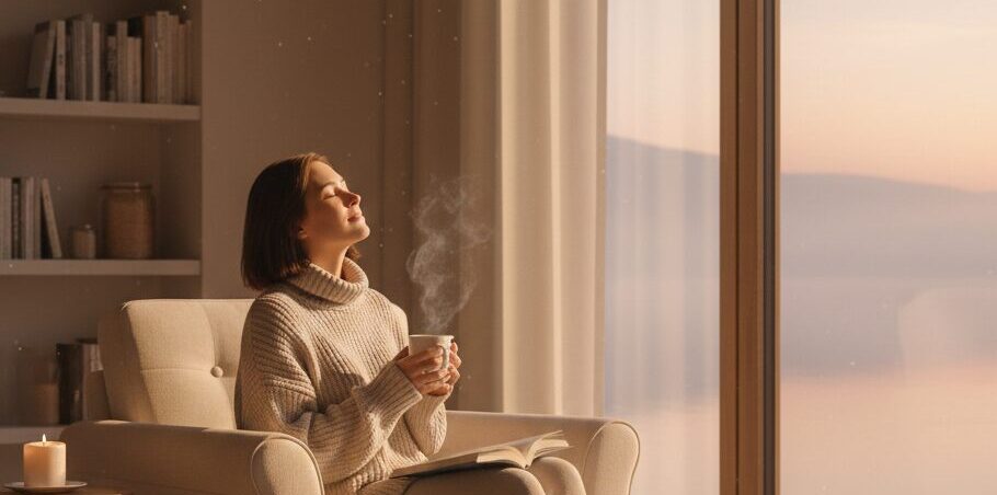 リラックスした女性と温かい飲み物