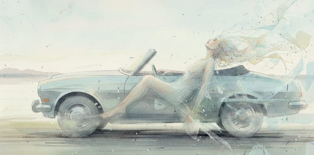 車に乗る女性の水彩画